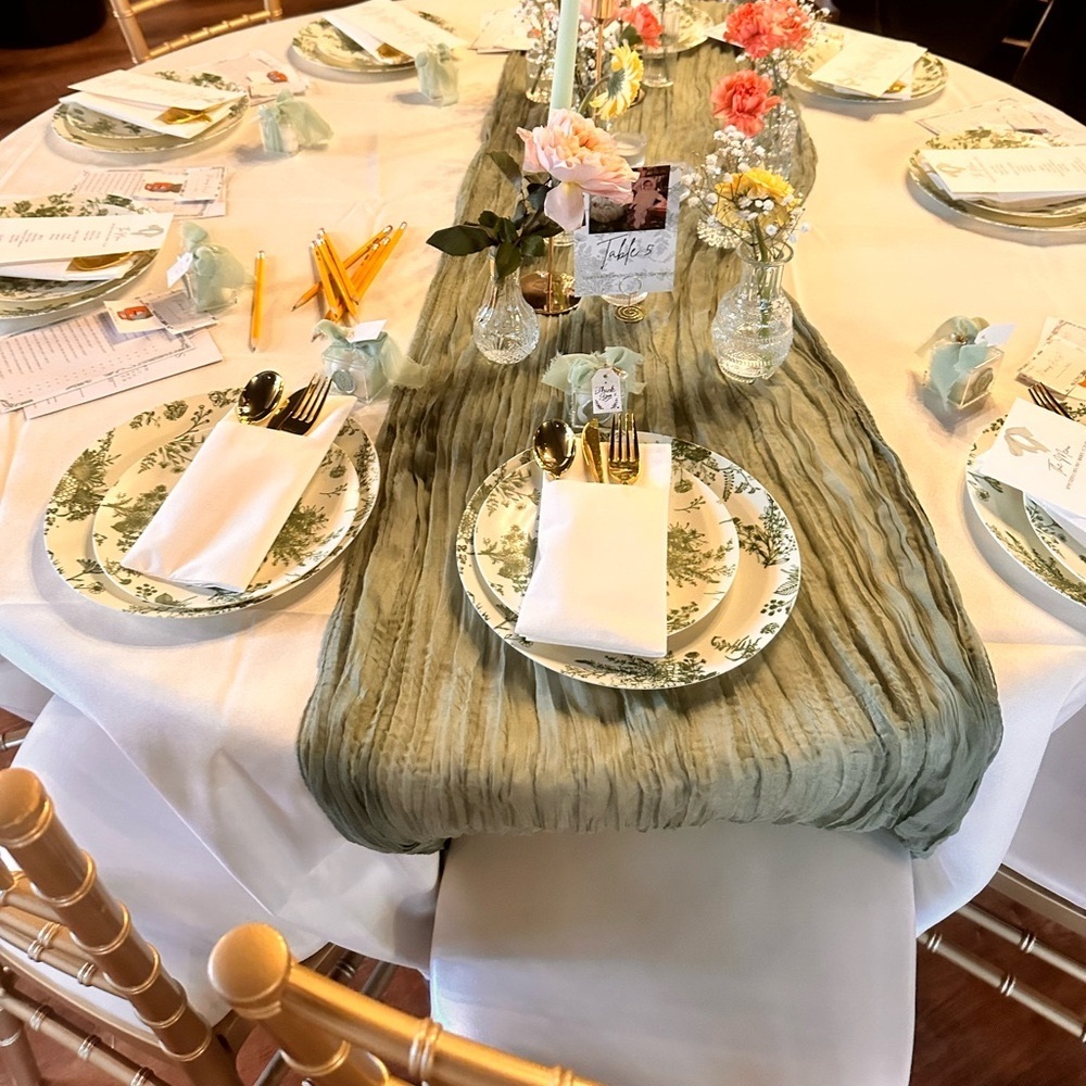 Elegant Sage Green Cheese Cloth Table Runner